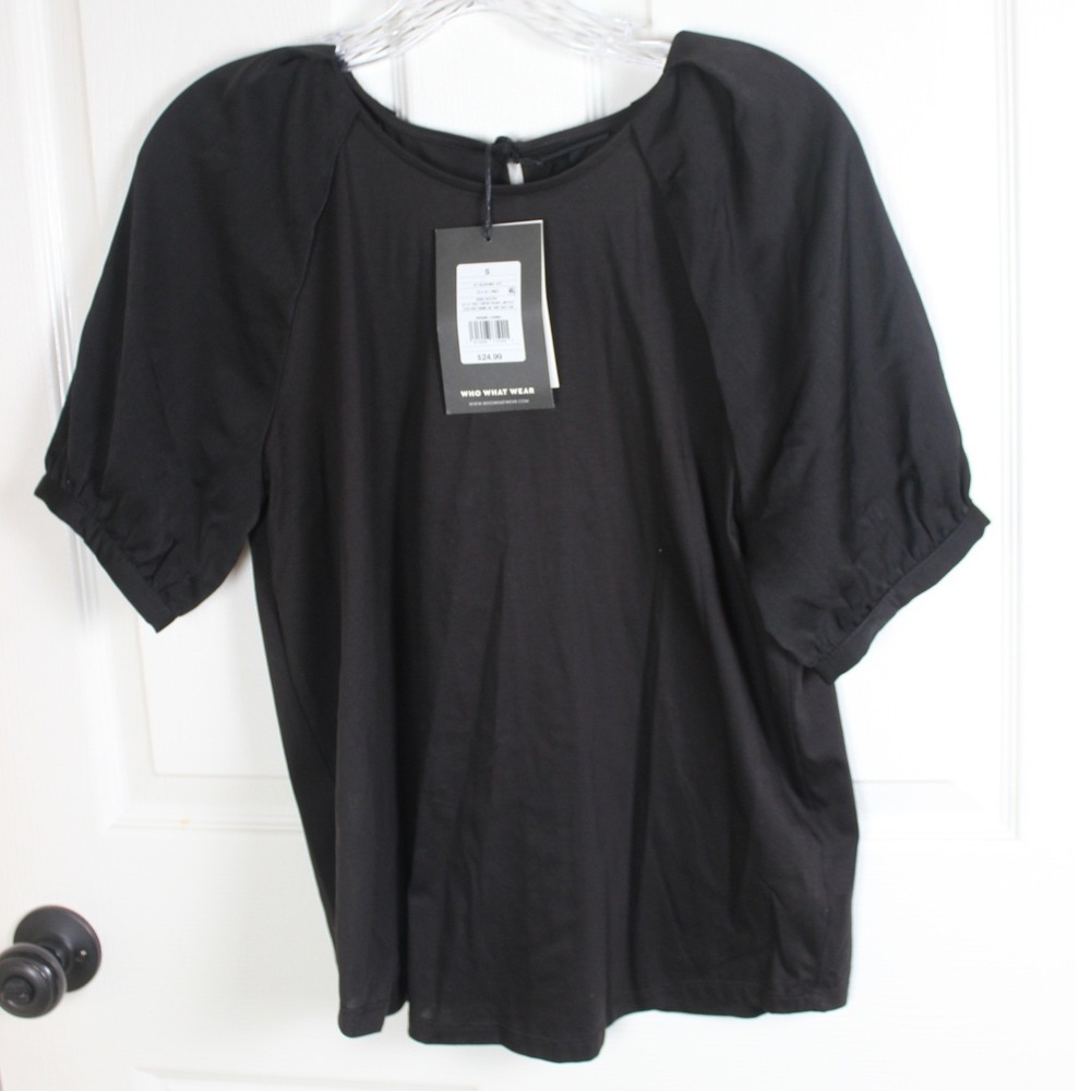 Who What Wear Black Puff Sleeve Gathered Neck Top‎ Size S